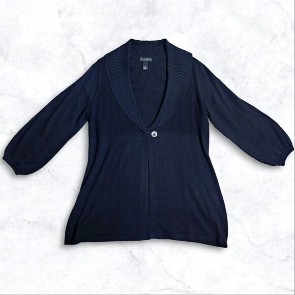 Mercer & Madison Wool Blend Black Bishop Sleeve Ribbed V-Neck Button Cardigain - Picture 1 of 8